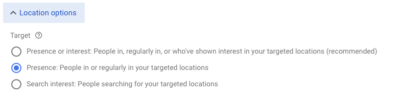 Google Ads location settings